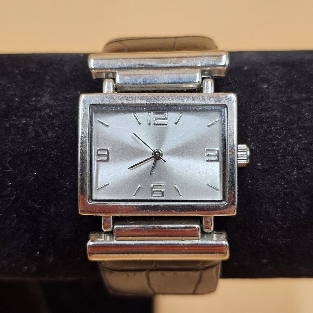 Silver Tone Ladies Rectangular Quartz Watch Adjustable Black Strap New Battery